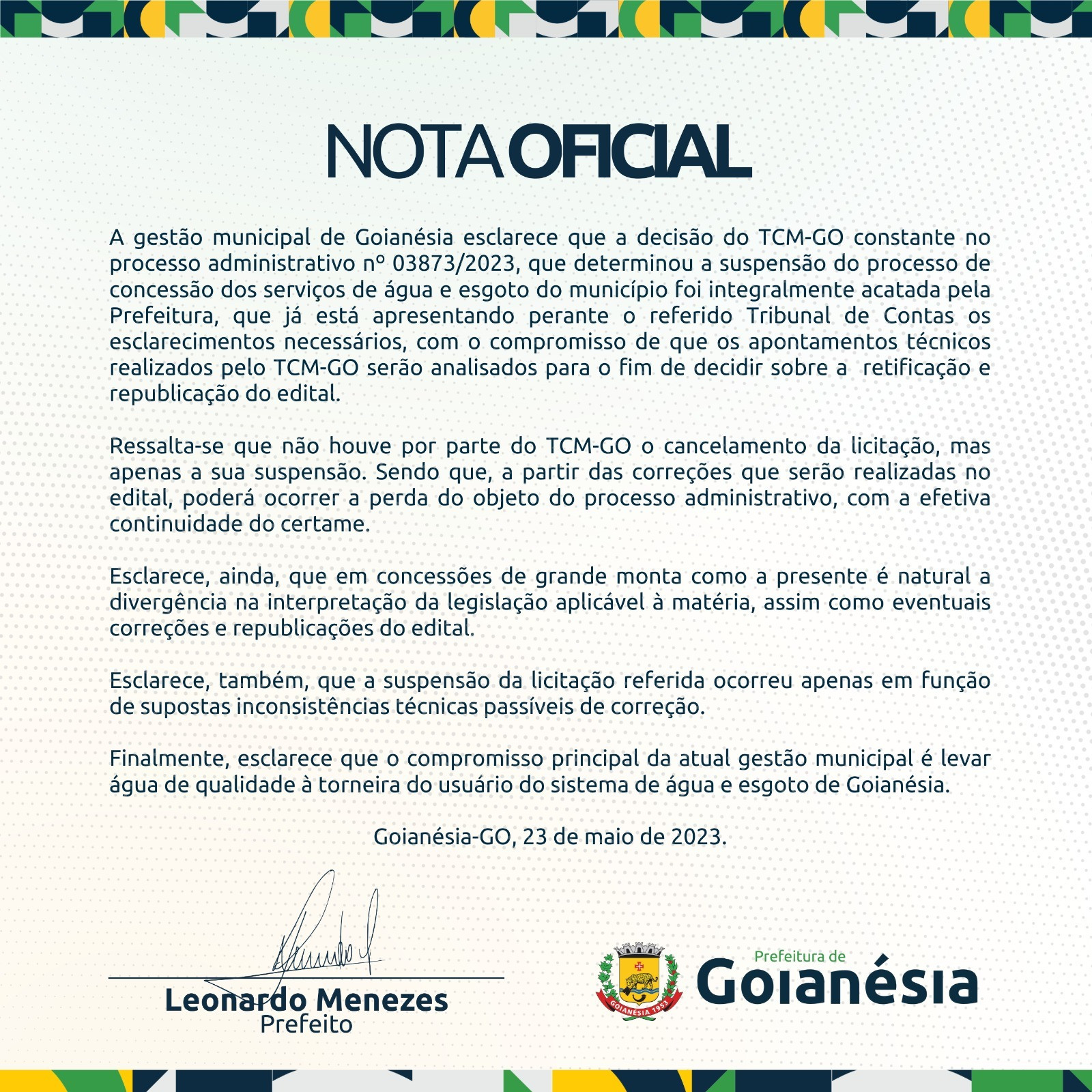 Prefeitura de Goianésia publica nota e anuncia que realizará as retificações exigidas pelo TCM