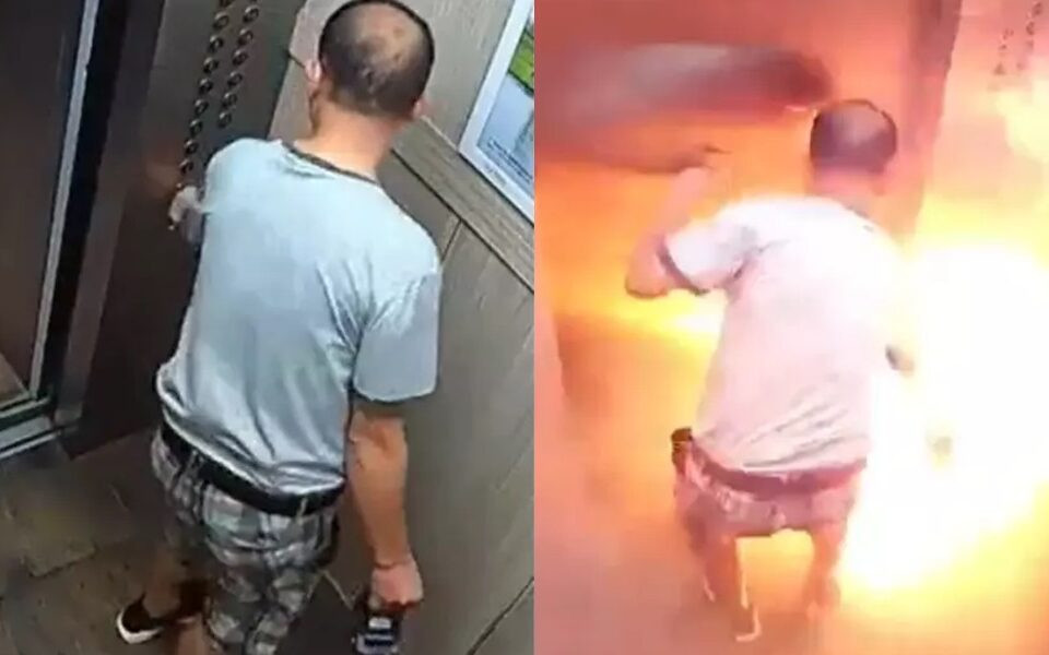 Bateria de bicicleta explode e homem é engolido pelo fogo dentro de elevador