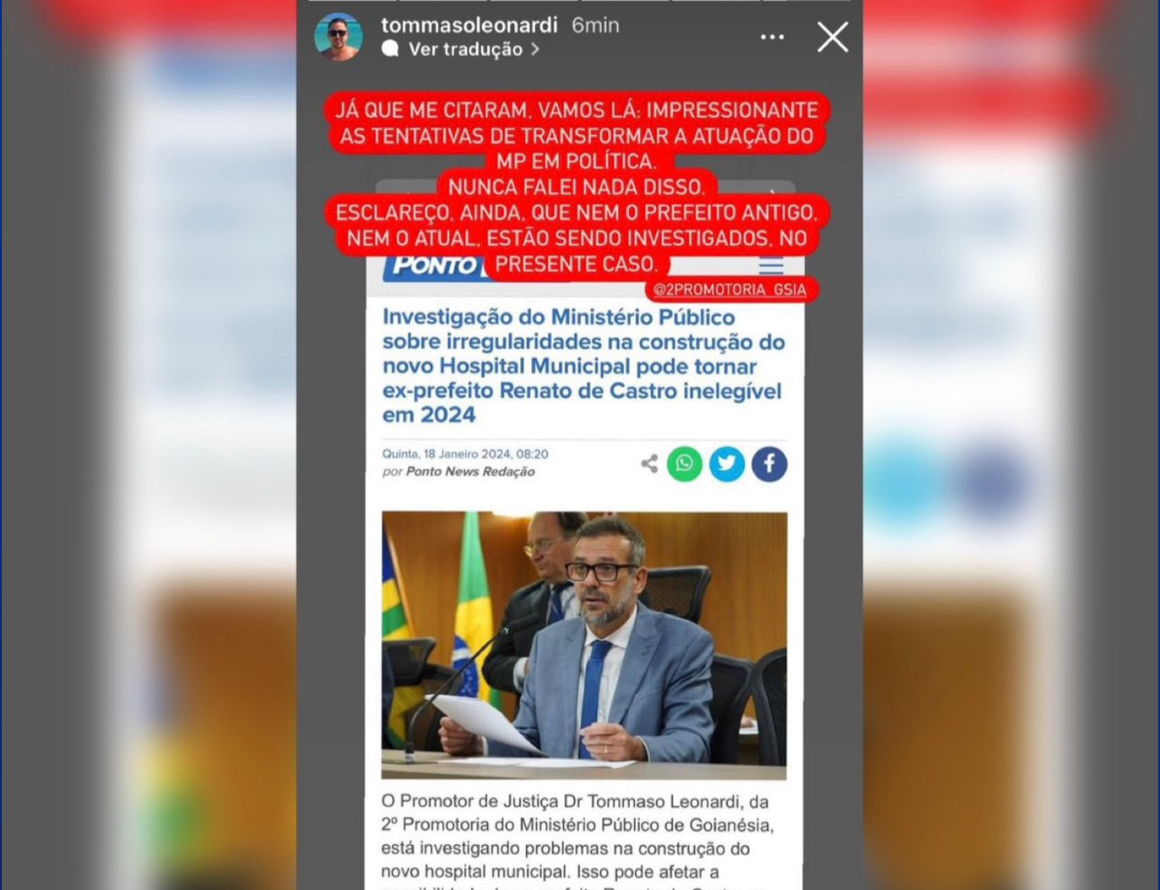 Promotor de Justiça Tommaso Leonardi desmente imprensa e afirma que Renato de Castro não está sendo investigado pelo Ministério Público